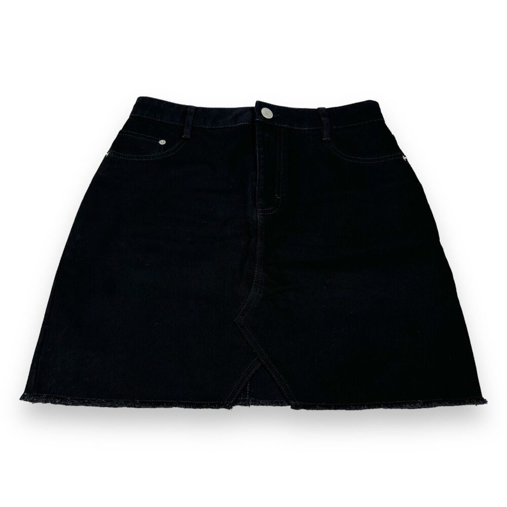 Maje Jeni Denim Skirt Women's 40 Black Cotton Pencil Frayed Hem Pockets Short